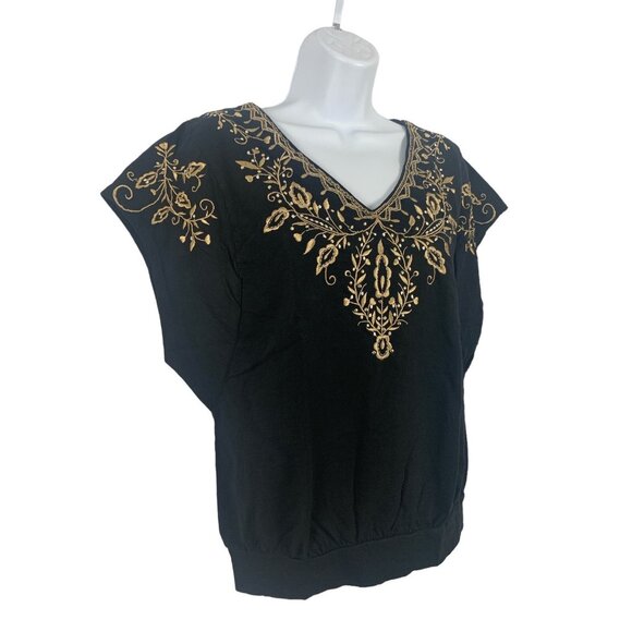 Karen Scott Womens Black & Gold Embroidered V-Neck Top Small - Picture 3 of 10